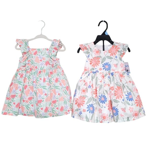 New & EUC 9 Month Girl Lot of 2 Dresses Layered‎ Floral Ruffle Sleeves Cotton - Picture 1 of 16